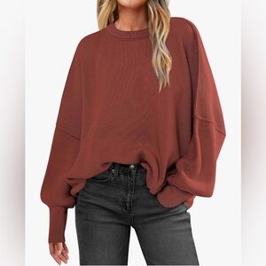 Women's Oversized Batwing Ribbed Knit Sweater in Rust Red - Size L